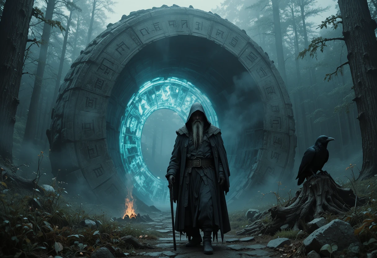 Ancient wanderer before a glowing runic stone gate