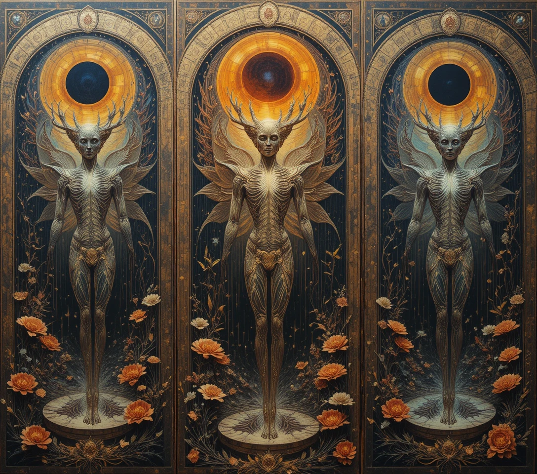 Surreal triptych of figures dissolving into abstract mosaics