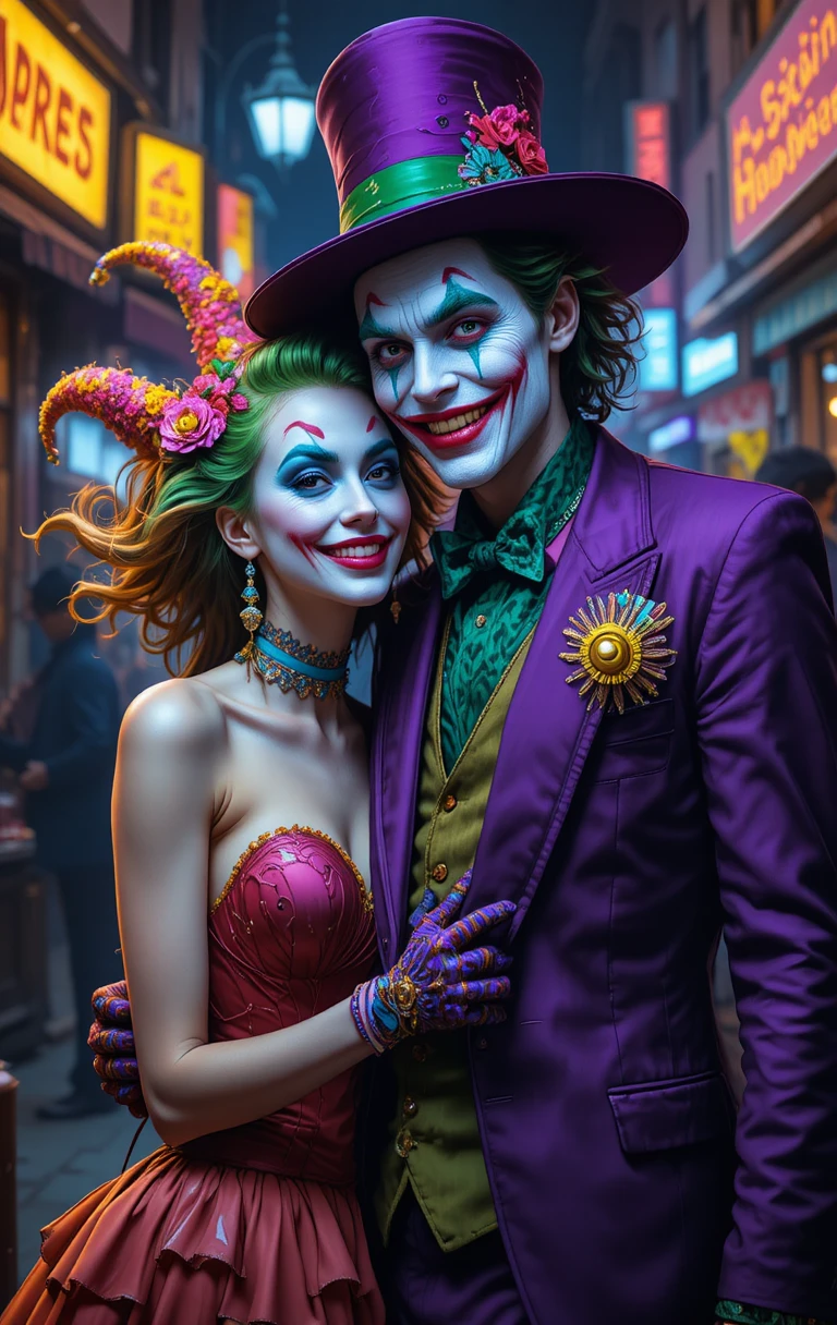 Clown couple in purple and green suits exploring the city