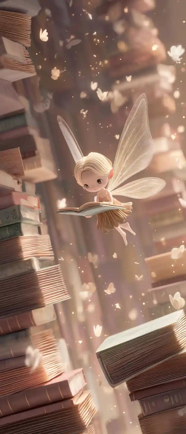 Cute anime book fairy flying through a starry library