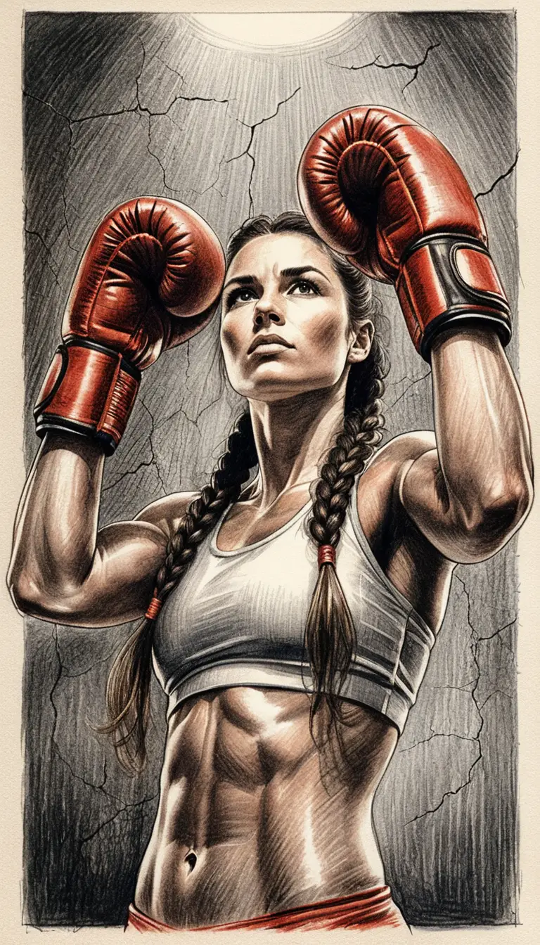Powerful female boxer in low angle ring portrait