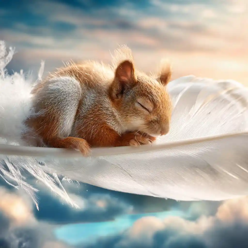 Tiny baby squirrel sleeping on a white feather in the sky
