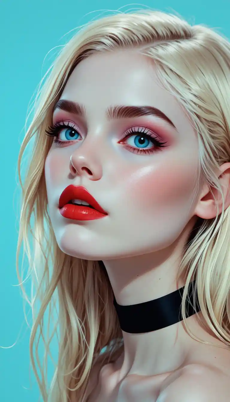 Blonde girl portrait with blue eyes and red lips
