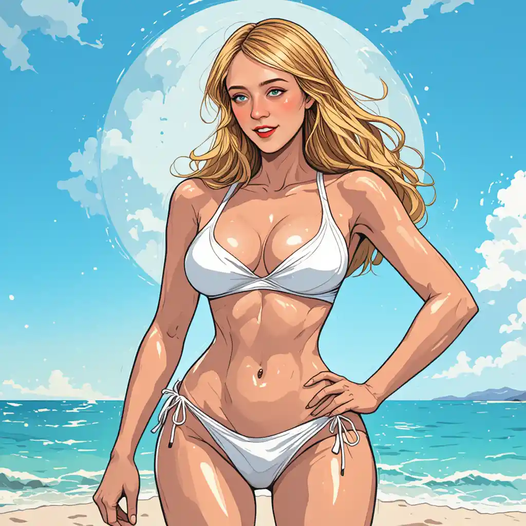 Playful woman in white bikini on bright blue beach
