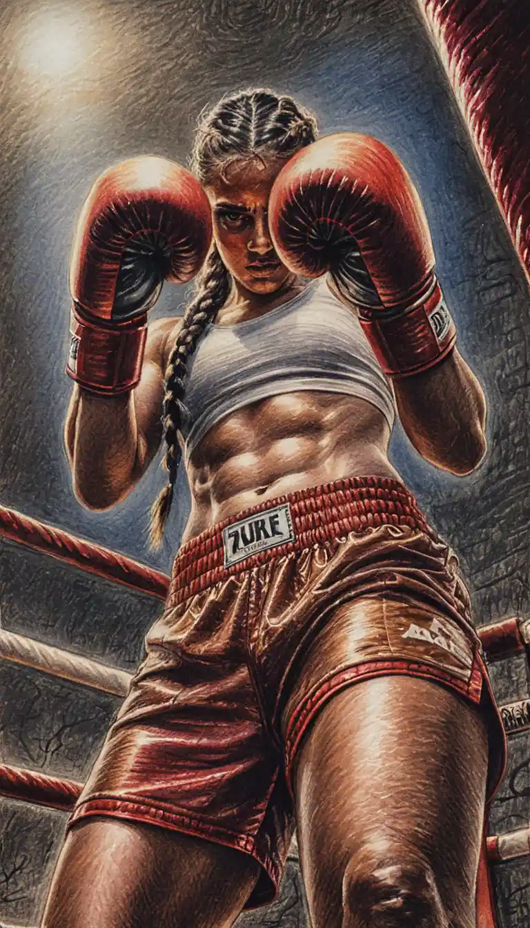 Powerful female boxer portrait in low angle guard stance