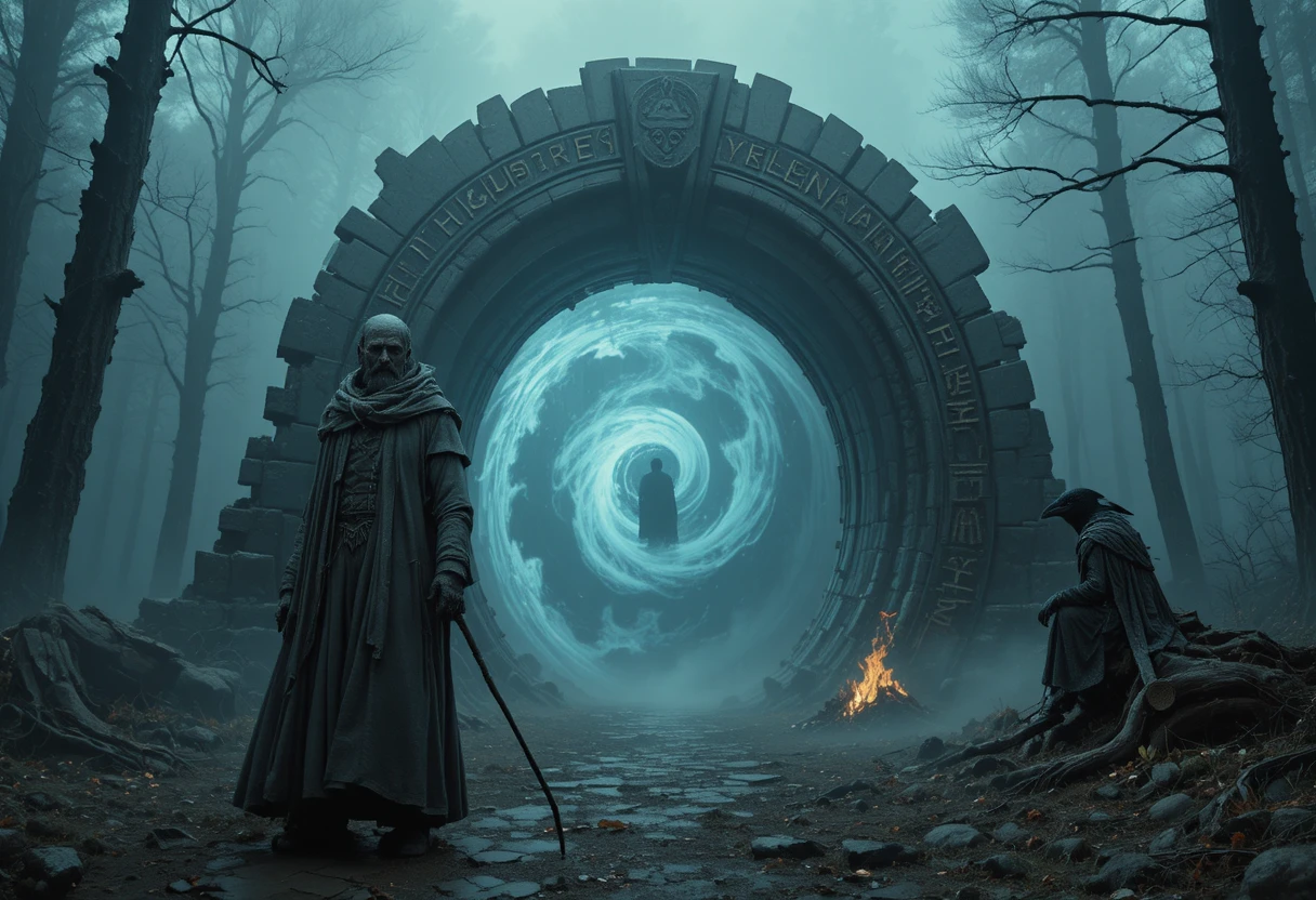 Ancient wanderer before a glowing runic stone gate