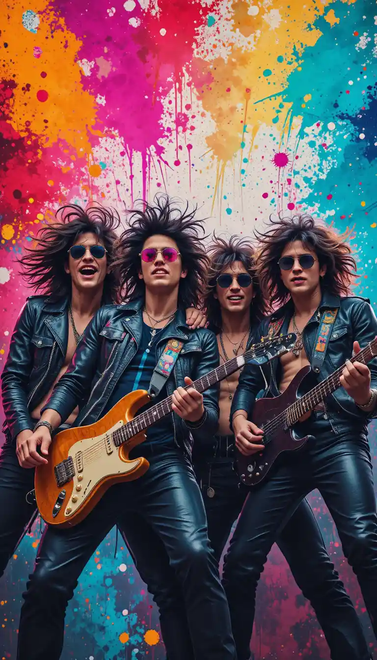 Four rock musicians performing with colorful abstract backdrop