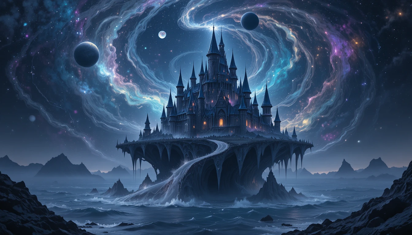 Floating obsidian castle amid luminous cosmic nebulae