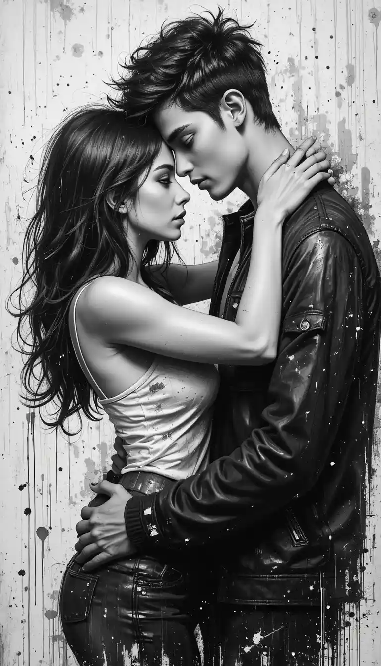 Young couple embracing in black and white urban artwork