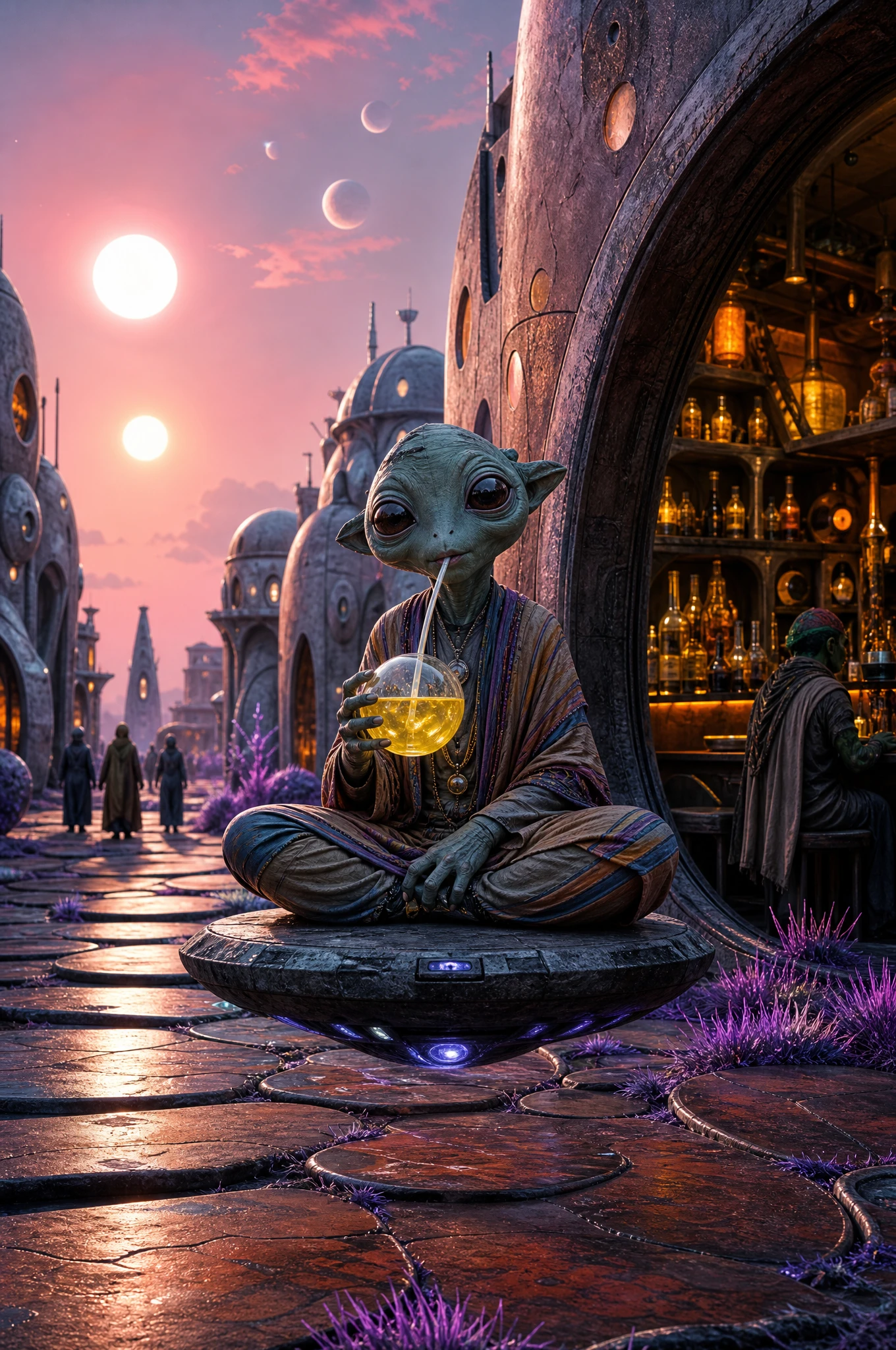 Alien guest levitating at a bar in a distant sci fi city