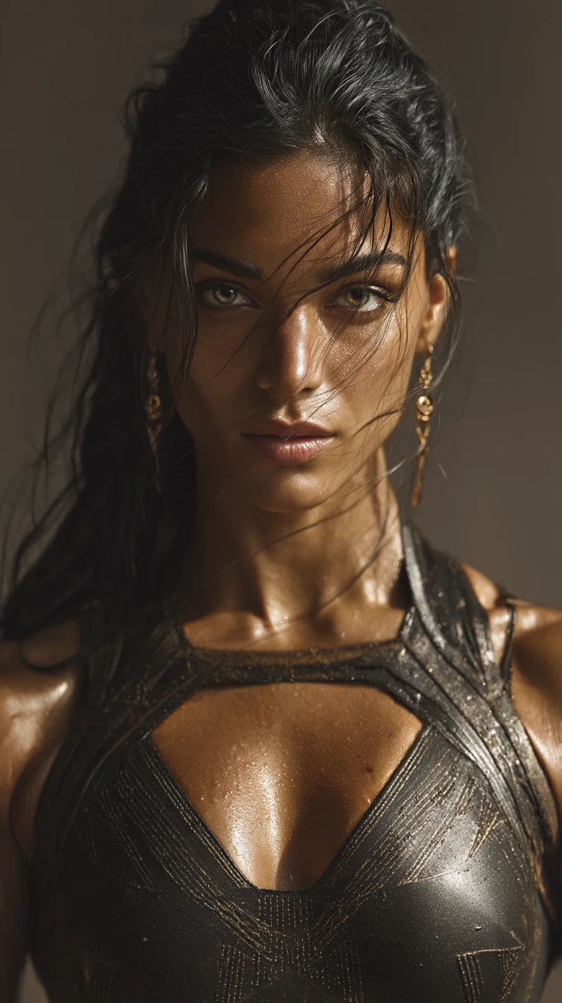 Strong middle eastern female bodybuilder in desert portrait