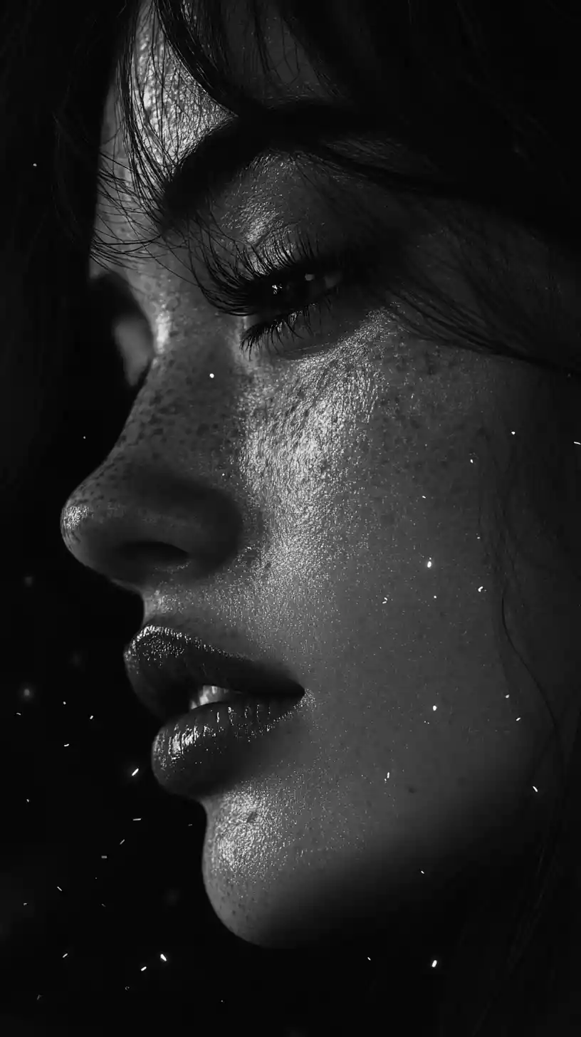 Pensive anime girl in grayscale extreme close up portrait