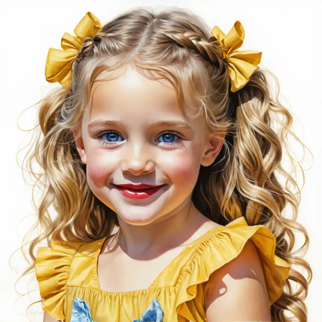Smiling blonde girl in a yellow ruffled summer dress