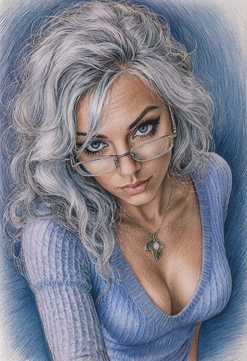 Woman with silver hair and glasses in pencil portrait