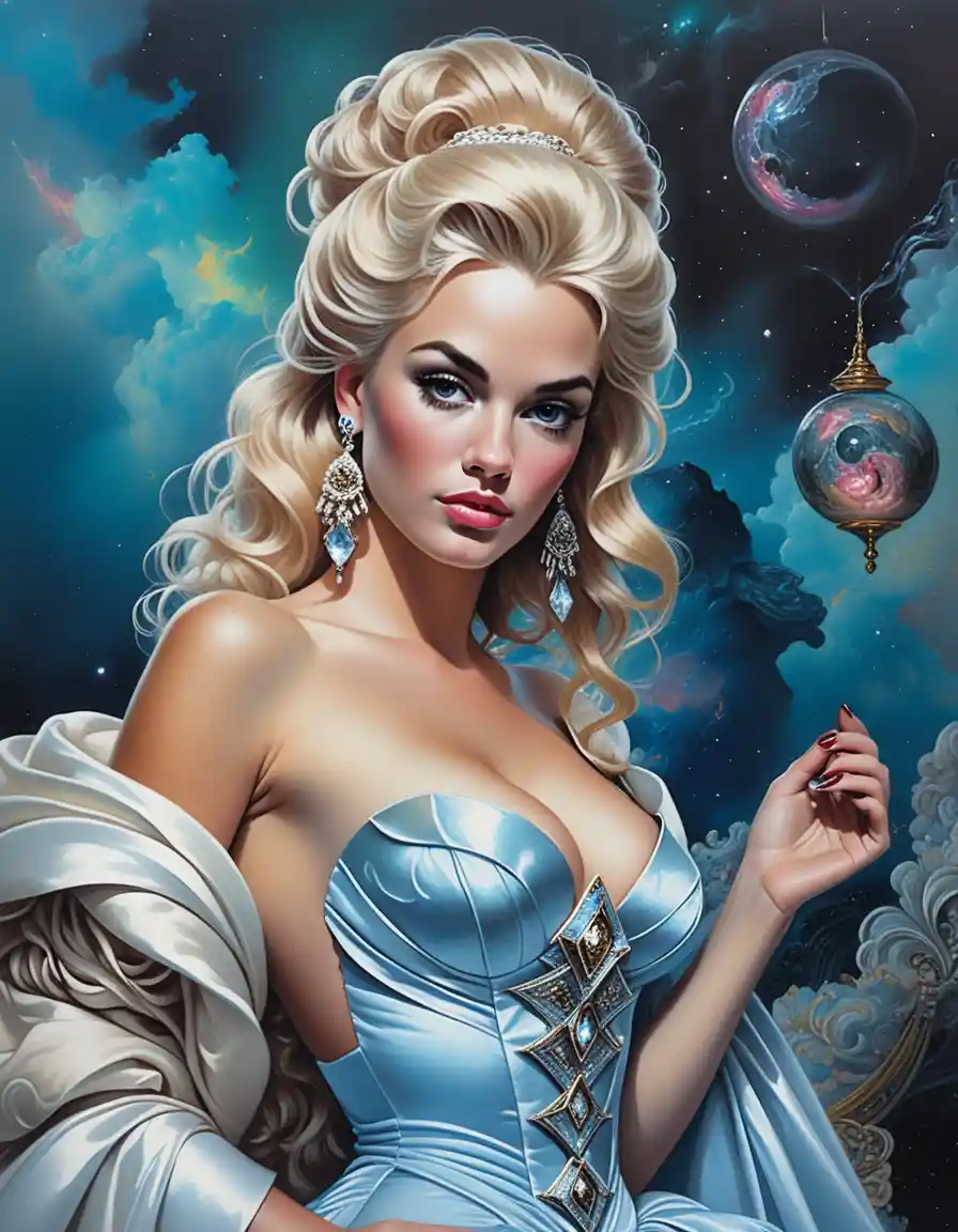 Blonde fantasy woman in an opulent masquerade ball gown