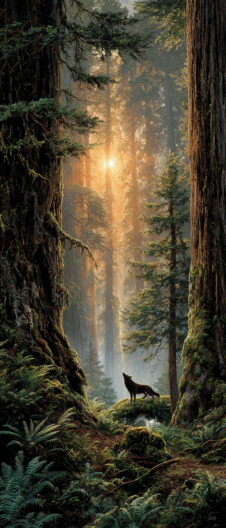 Lone wolf howling in a sunlit ancient redwood forest