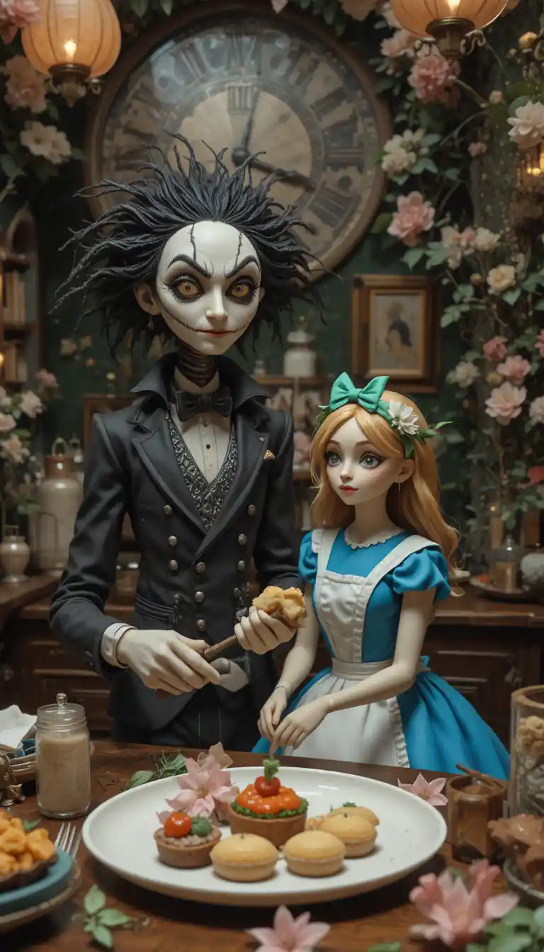 Whimsical clay chef with scissor hands in flower forest