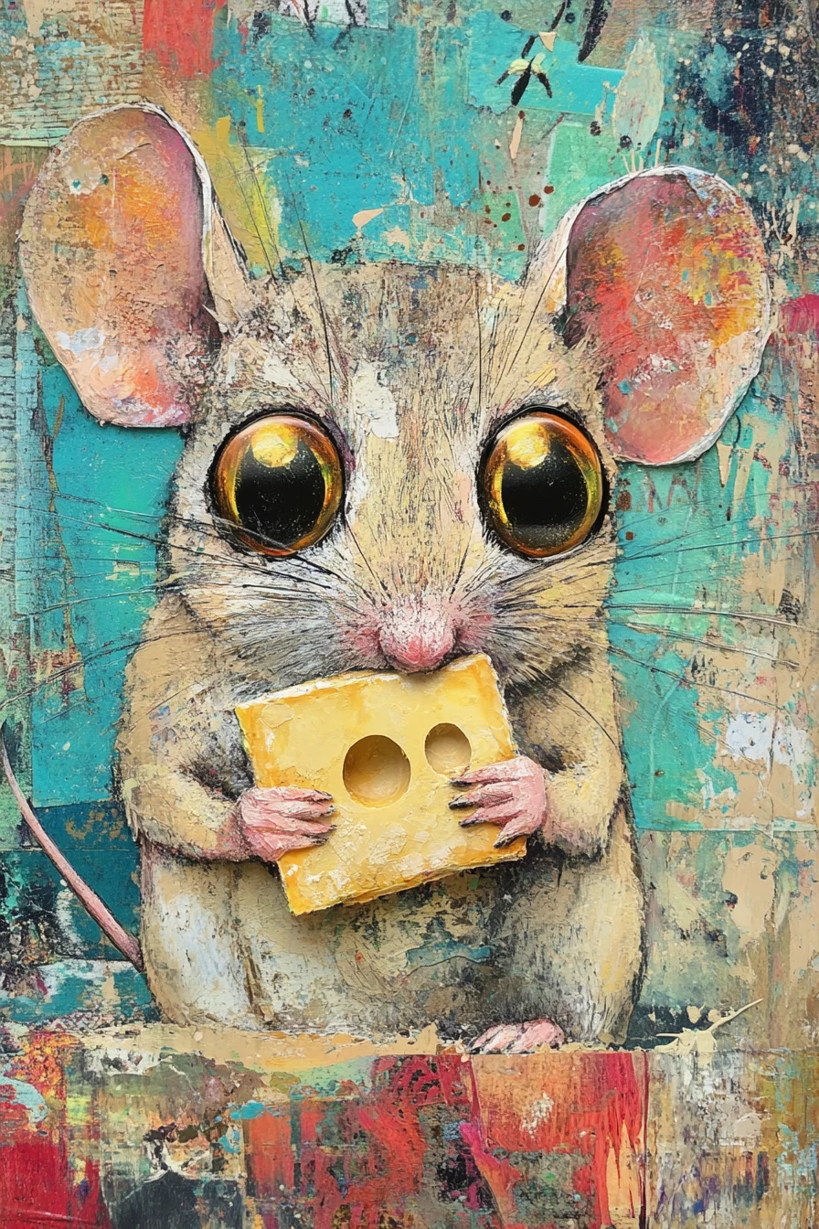 Mixed media mouse with golden eyes eating cheese