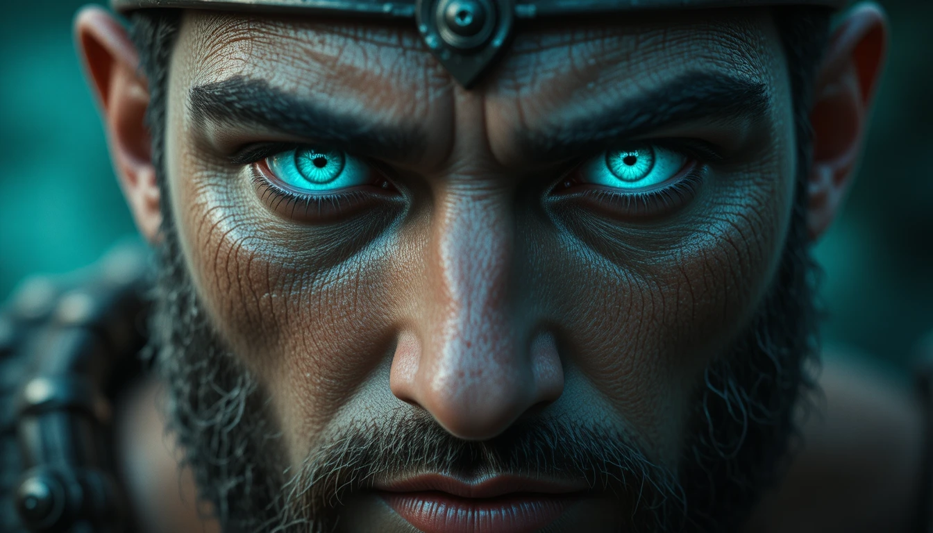 Extreme close up of a Greek warrior under teal light