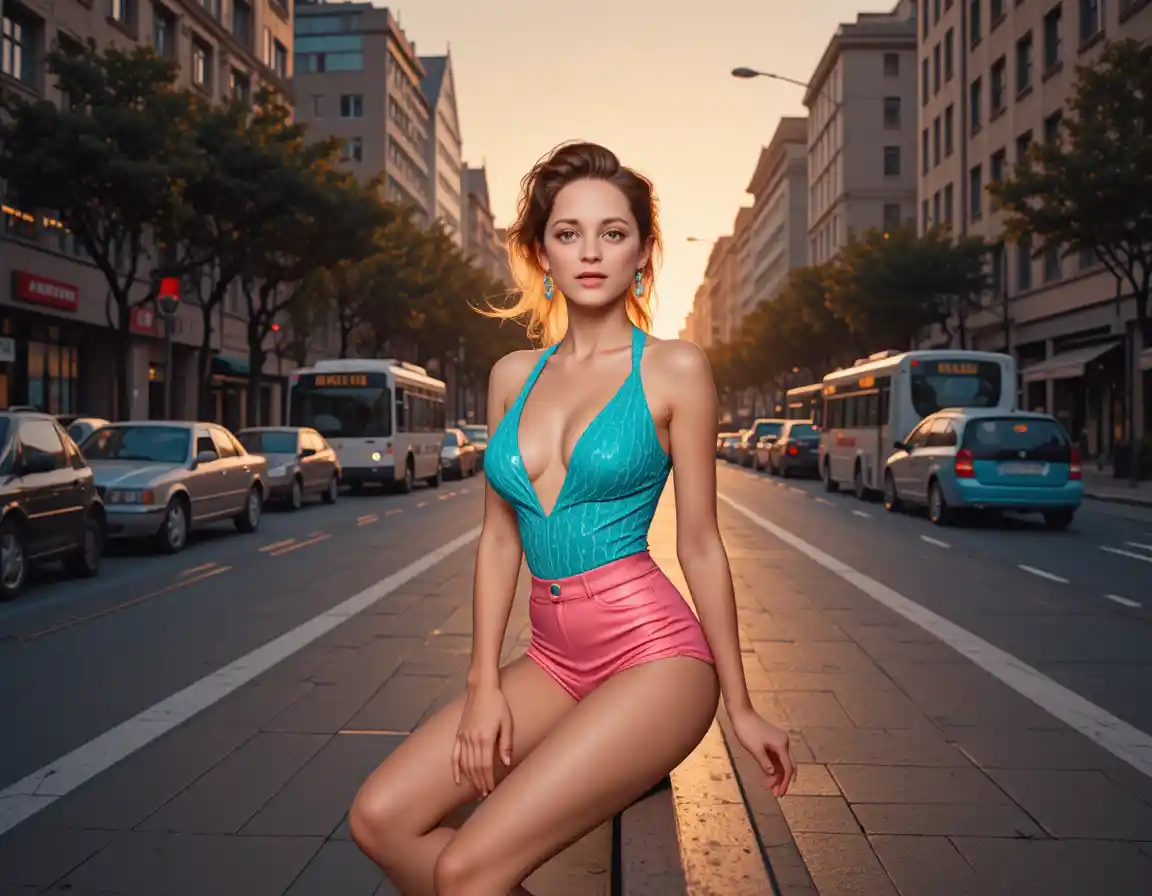 Confident blonde woman on a city bench at sunset