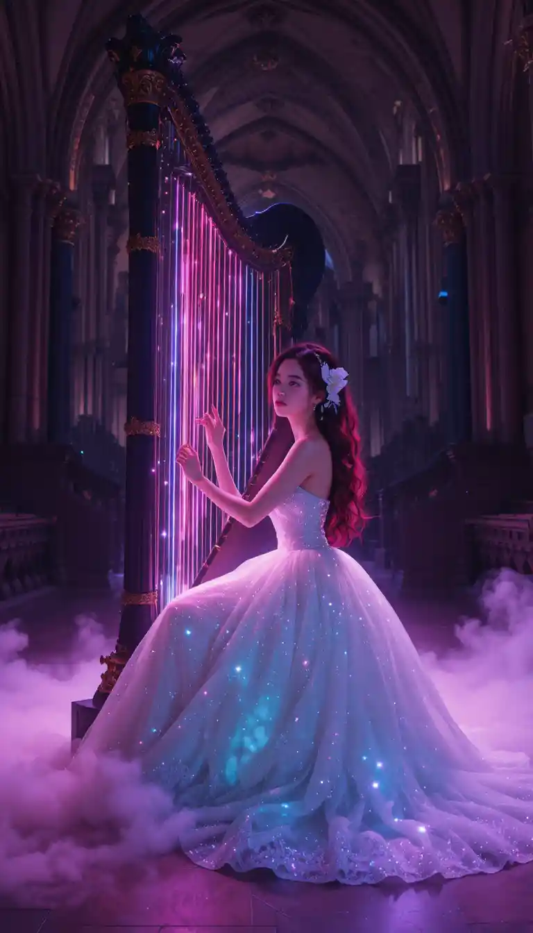 Korean woman in diamond gown playing a glowing laser harp