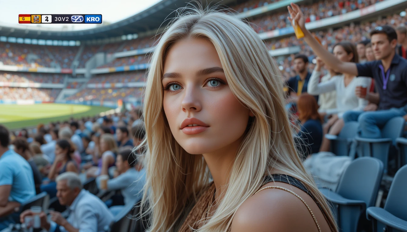 Young blonde woman watching a live soccer match in Spain
