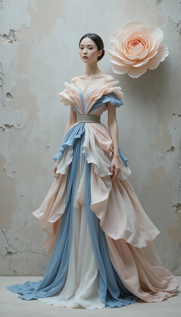 Mulher de moda surreal em vestido de peônias de porcelana e chiffon
