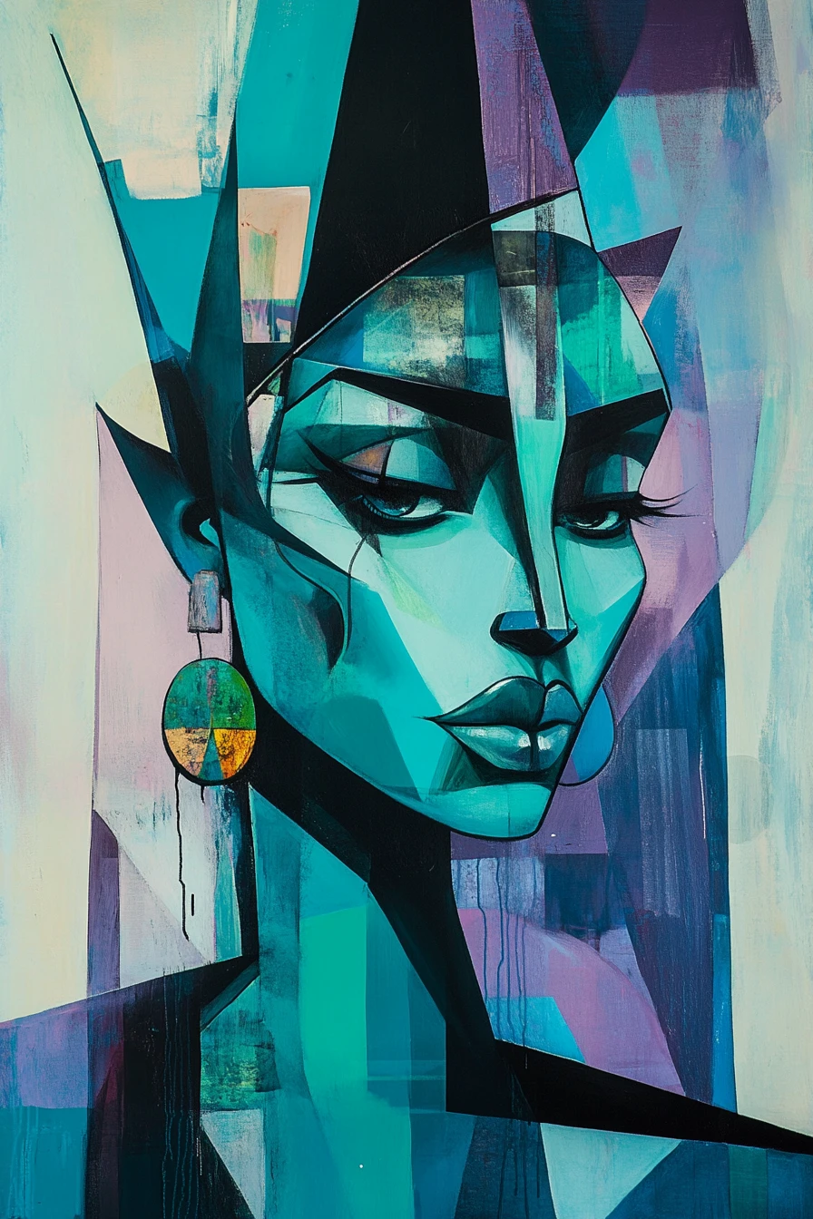 Androgynous figure in teal with abstract geometric background