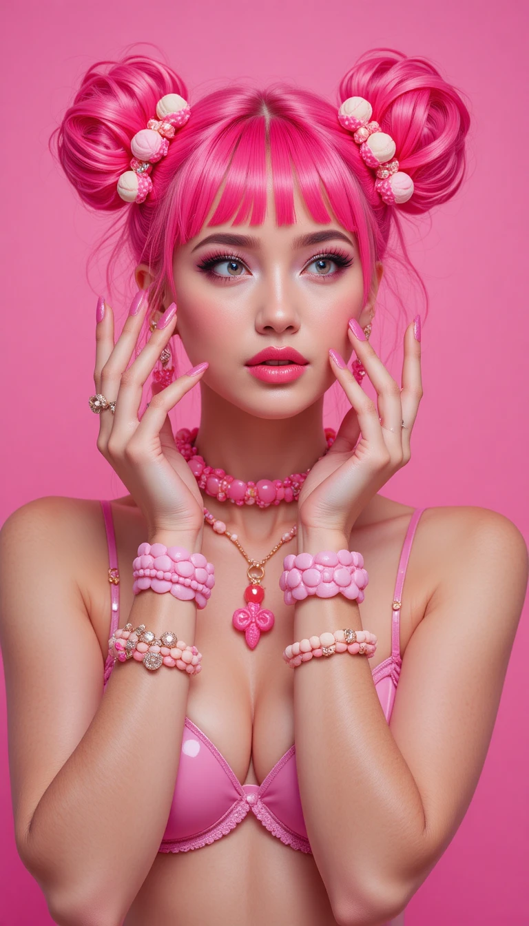 Strawberry ice cream girl in playful studio portrait