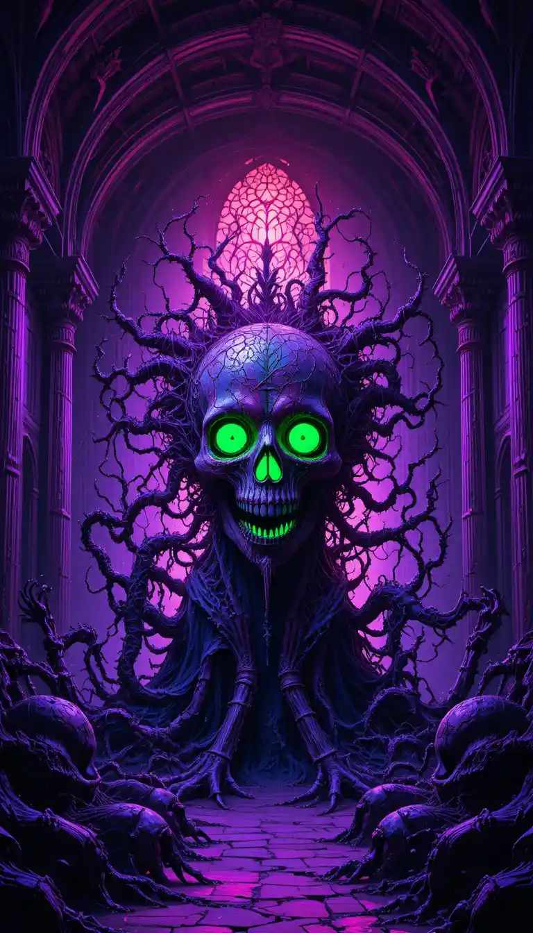 Glowing green skull amid gothic arches and twisted forms