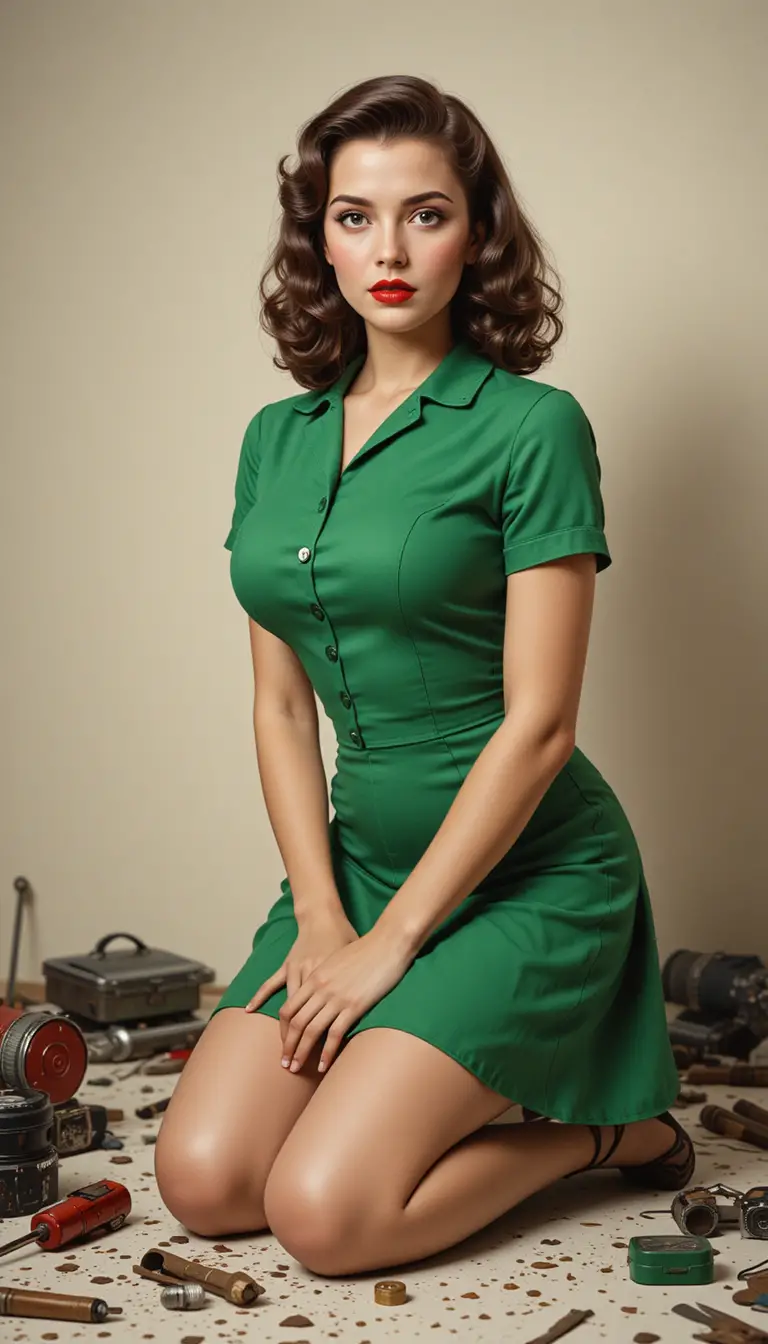 Femme pin-up vintage en robe verte sur un sol encombré