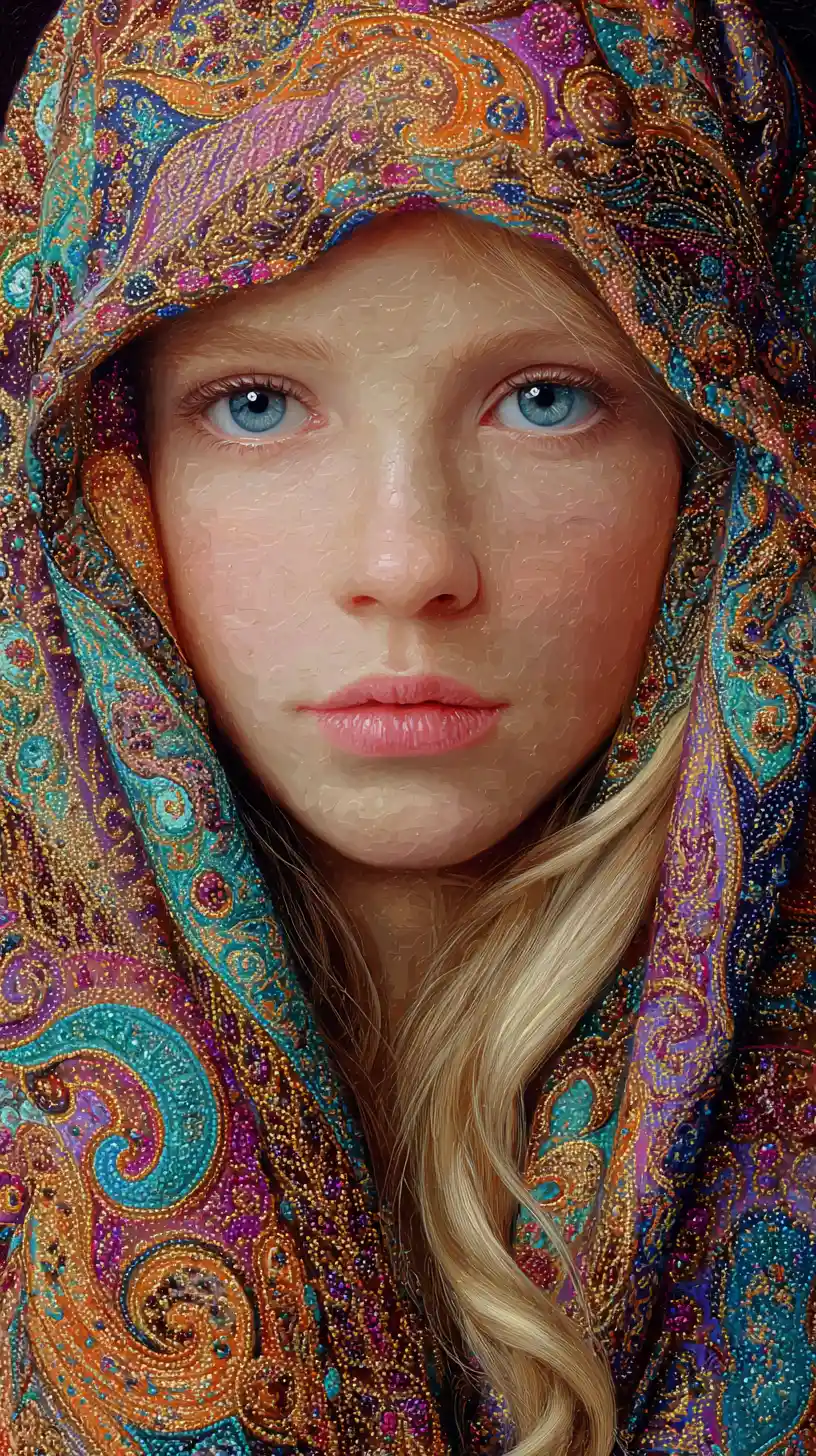 Young girl in ornate jeweled headscarf close up portrait