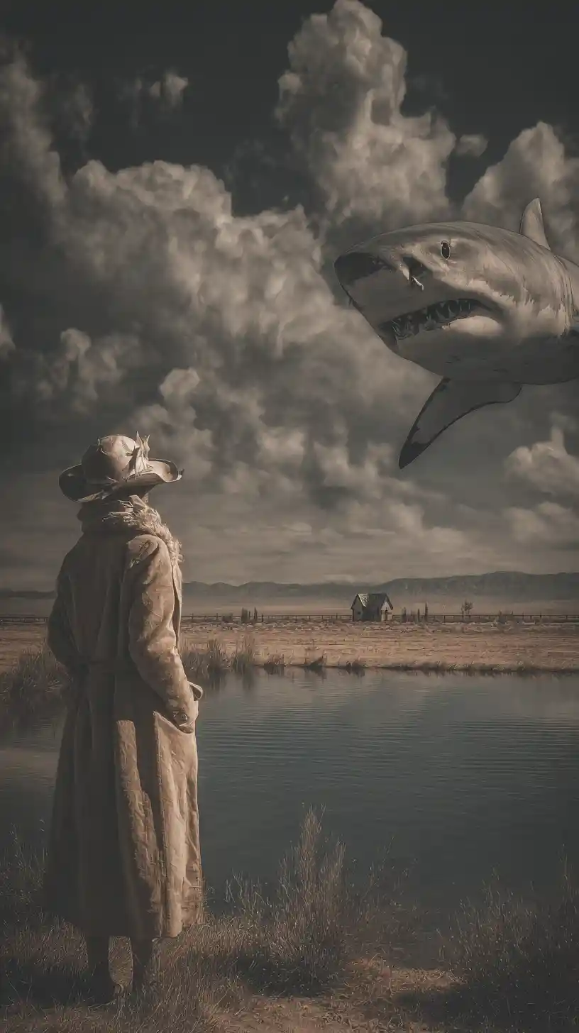 Shark swimming in a quiet pond as a spectator watches