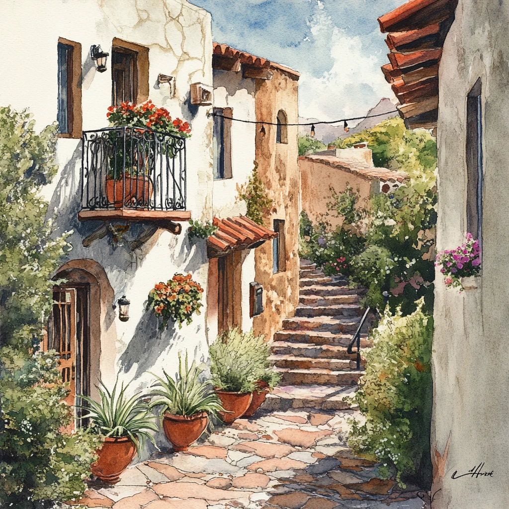 Old pueblo village street with adobe homes and balconies