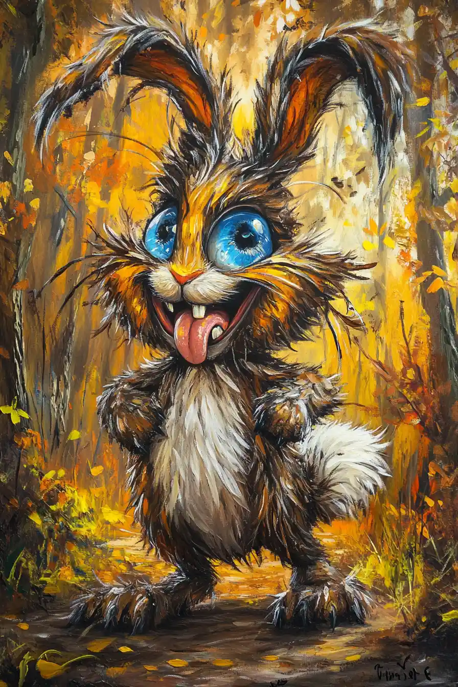 Playful devilish rabbit leaning forward in autumn forest