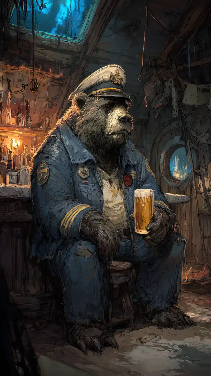 Scruffy bear sea captain drinking beer in harbor bar