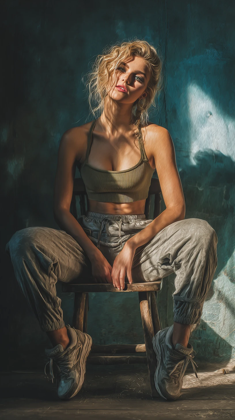Relaxed blonde girl in dramatic color pencil portrait