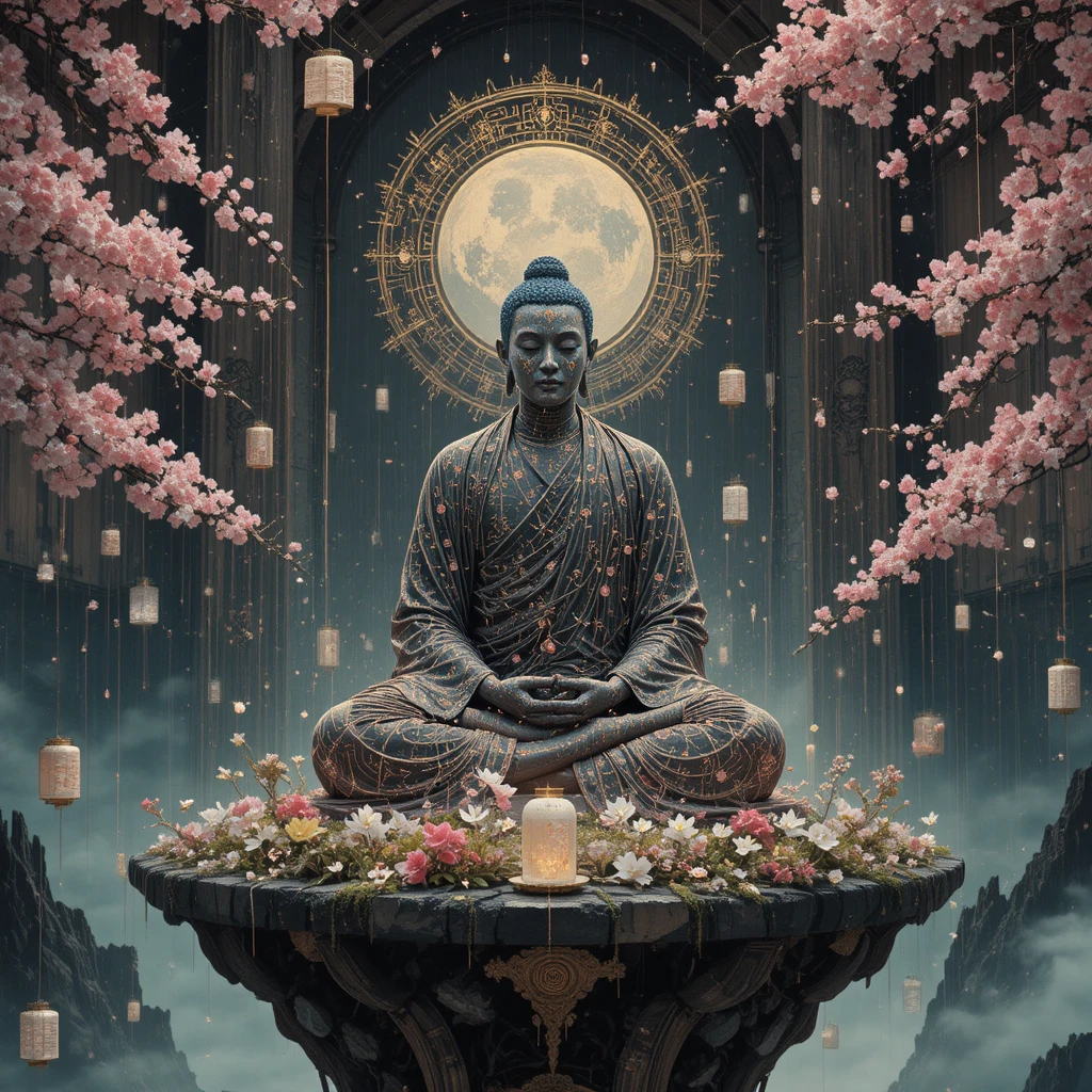 Buddhist monk meditating on a floating island in ukiyo e style