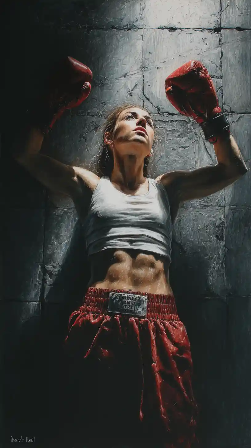 Hyperreal colored pencil drawing of a determined female boxer
