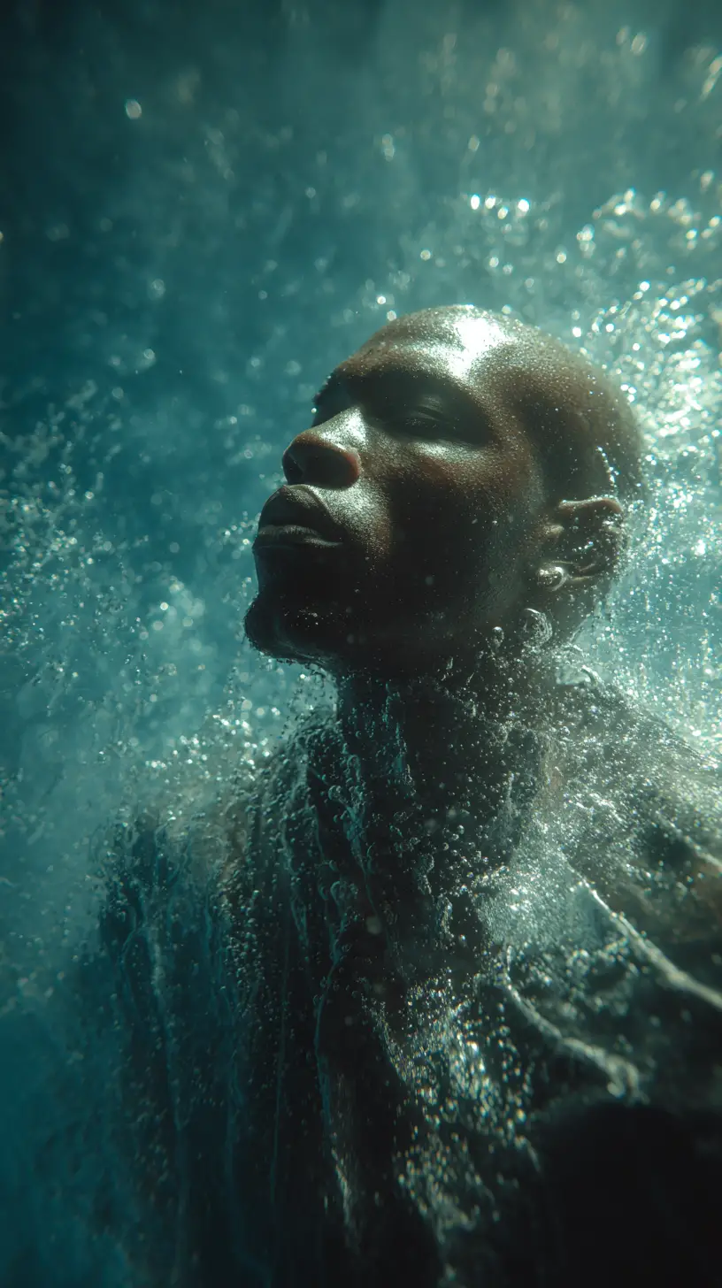 Joyful bald man playing in a surreal rolling ocean