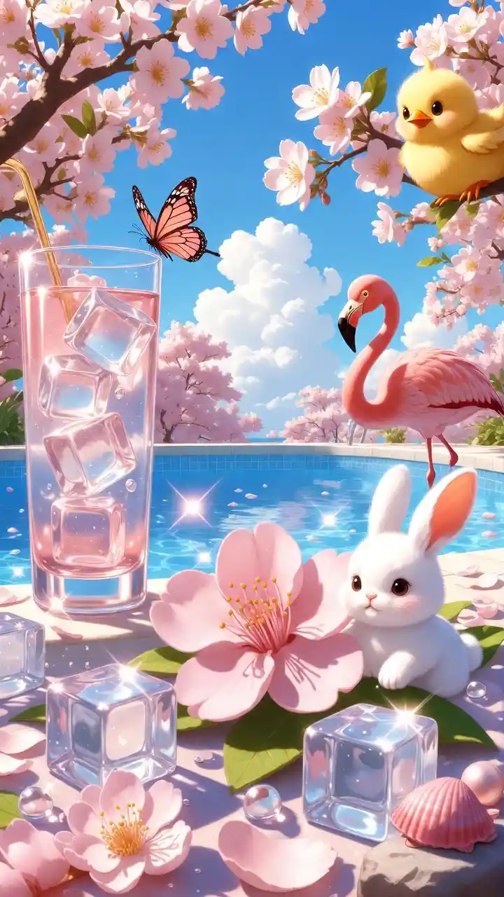 Playful summer scene with cherry blossoms and sunny pool