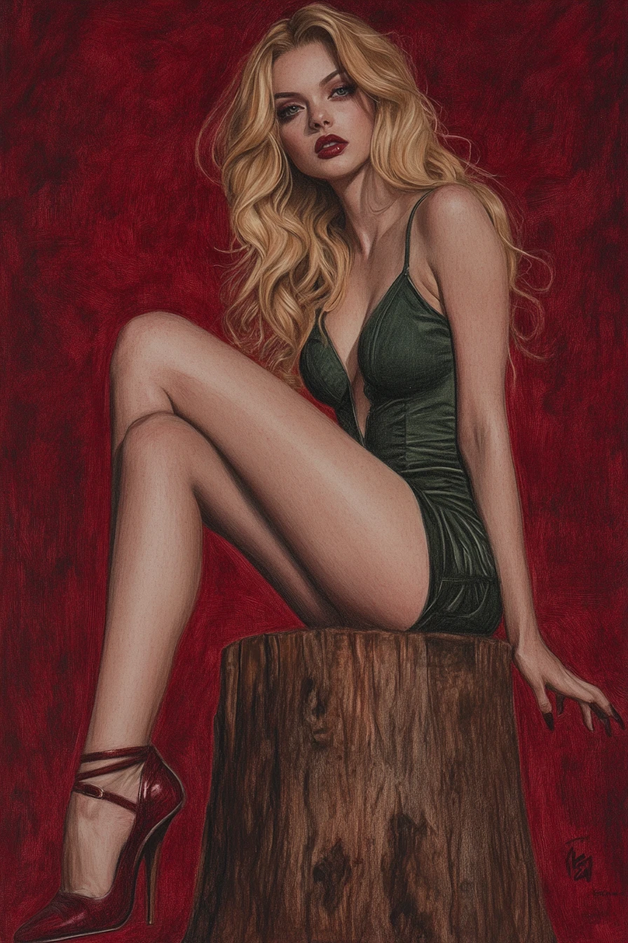Blonde woman in green dress seated on wooden stump