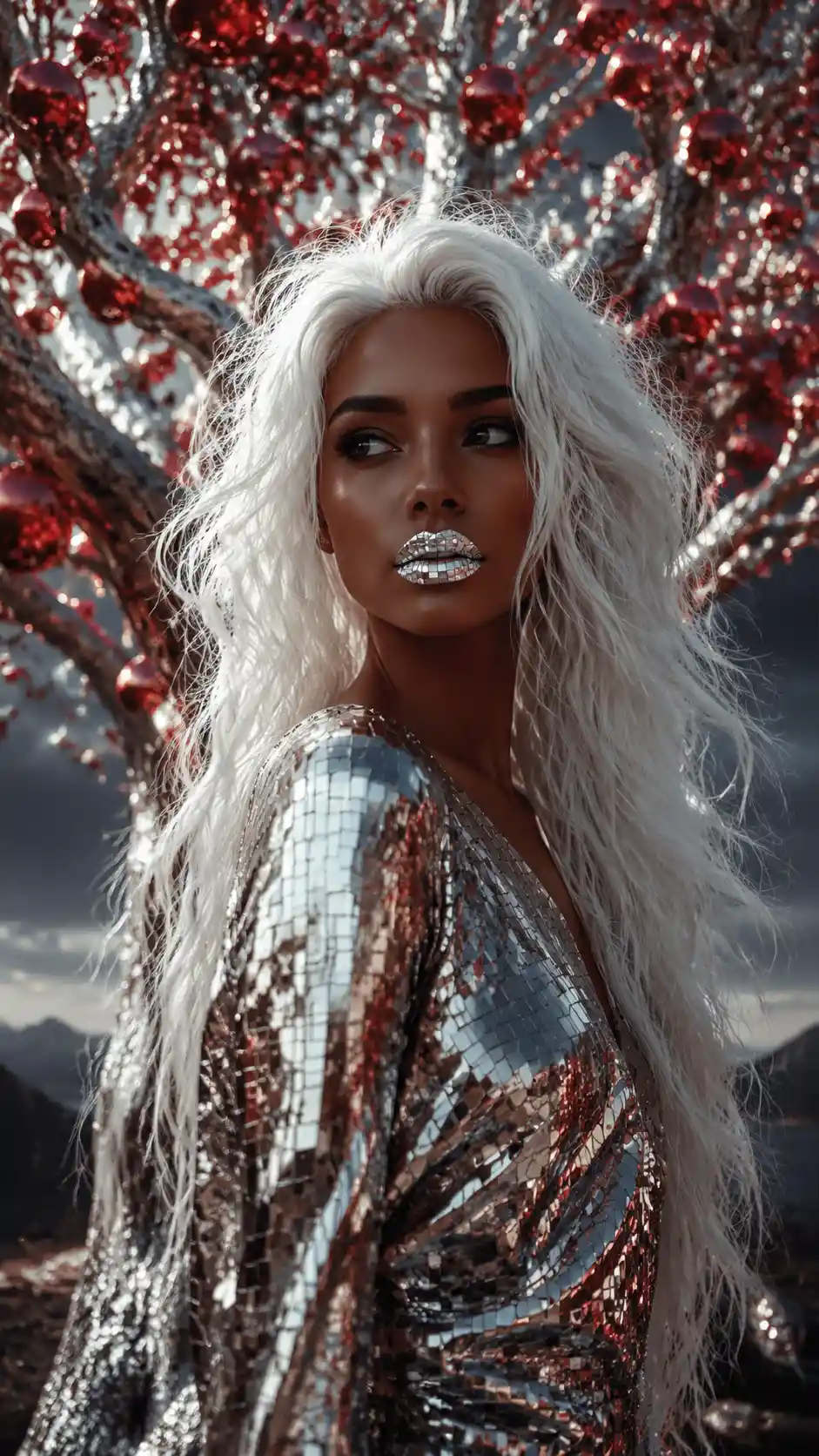 Surreal cinematic portrait of a woman with mirror lips