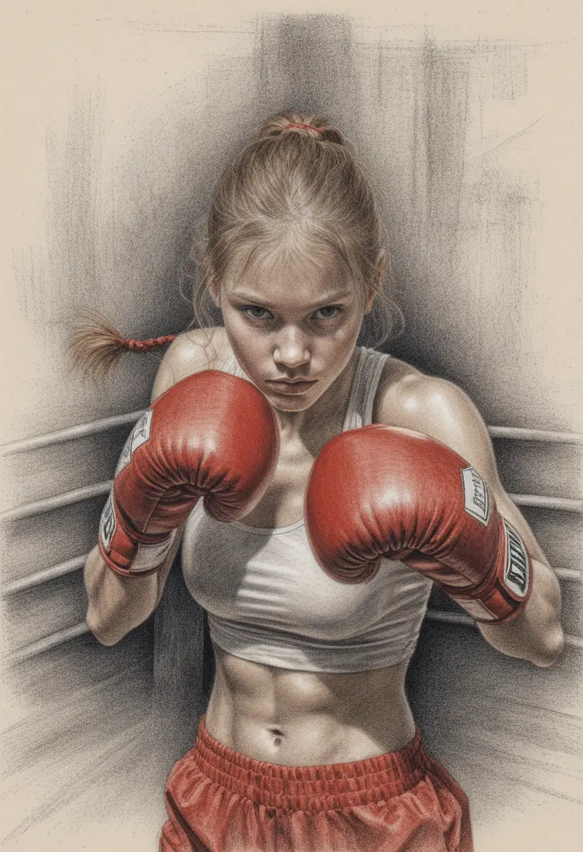 Powerful female boxer in guard on a gritty boxing ring