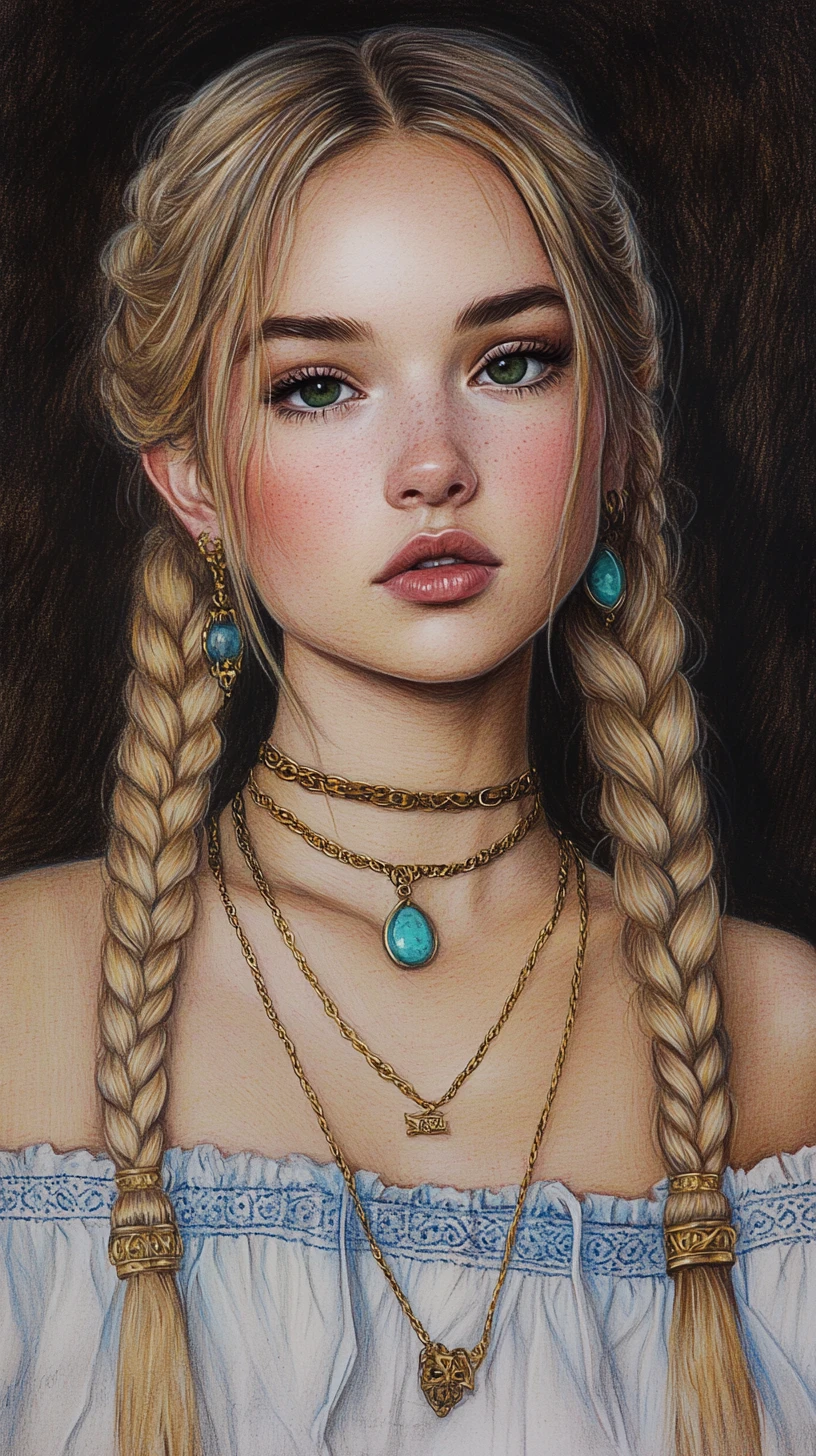Portrait of a braided blonde woman in warm chiaroscuro light
