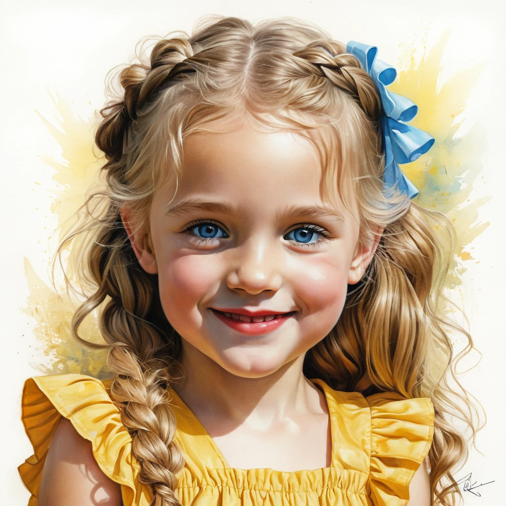 Smiling blonde girl in a yellow ruffled summer dress