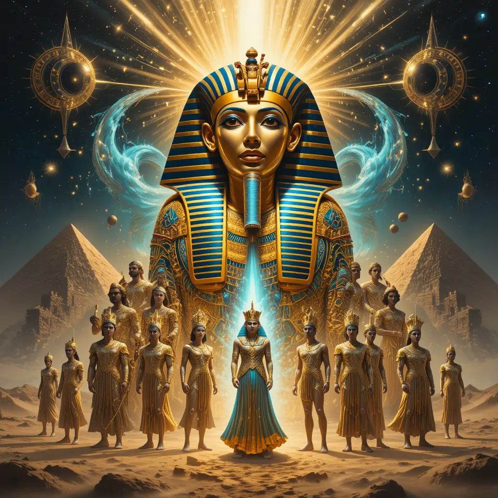 Golden egyptian mask surrounded by radiant divine figures
