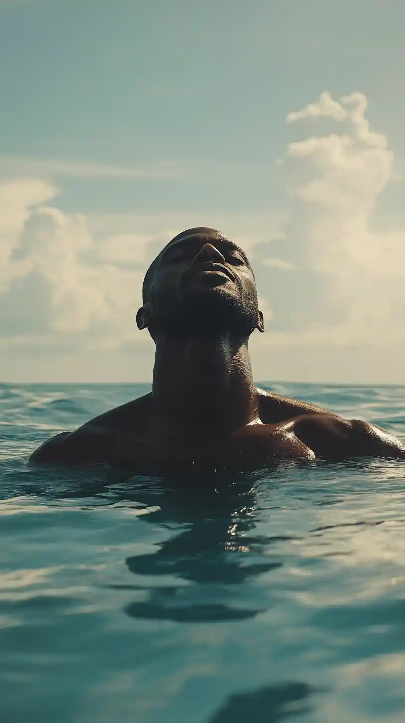 Joyful bald man playing in a surreal rolling ocean