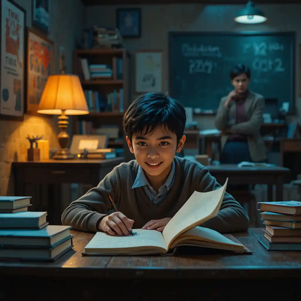 School boy studying mathematics at night under warm lamp