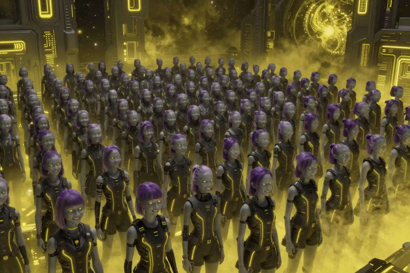 Vast crowd of neon lit gray skinned sci fi girls